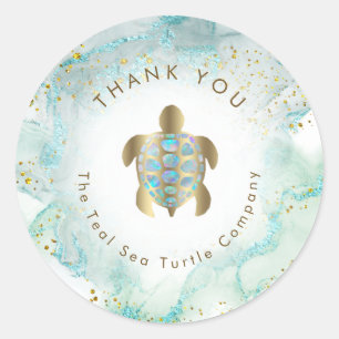 blauwgroen ontwerp van de schildpad voor zeeen ronde sticker