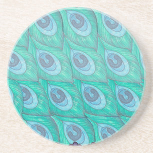 Blauwgroen ontwerp van het Peacock-ventilatorpatro Zandsteen Onderzetter