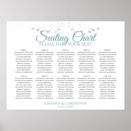 Blauwgroen op White 10 Table Wedding Seating Chart Poster (Voorkant)