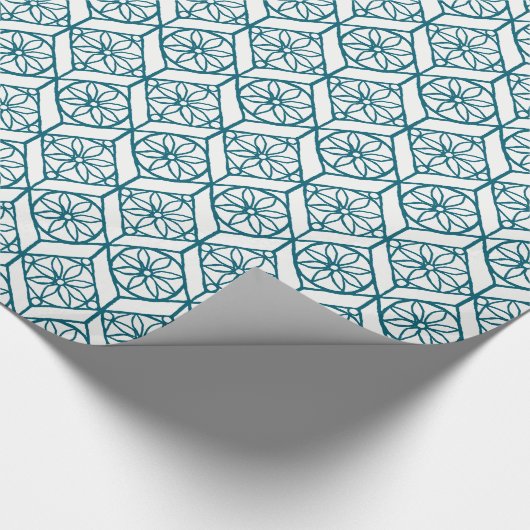 Blauwgroen op White Ethnic Pattern, Flowers, Chevr Cadeaupapier (Hoek)