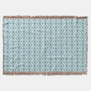 Blauwgroen op White Ethnic Pattern, Flowers, Chevr Deken