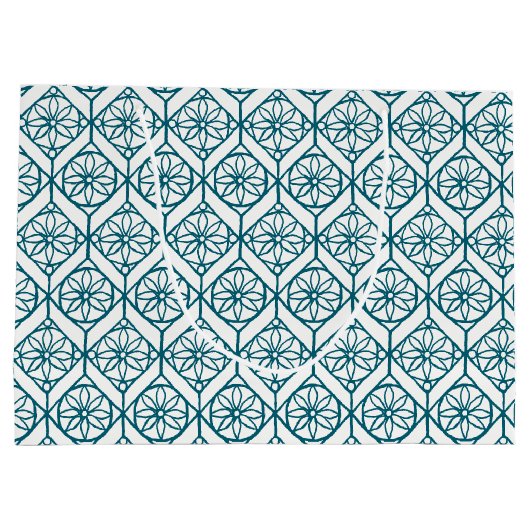 Blauwgroen op White Ethnic Pattern, Flowers, Chevr Groot Cadeauzakje (Achterkant)