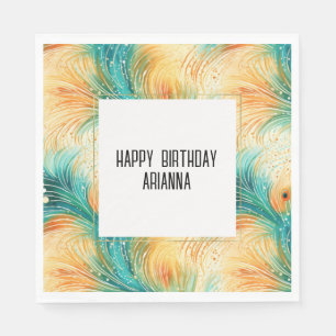 Blauwgroen Oranje crème pauwenveren Servet