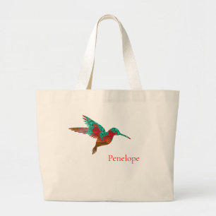 Blauwgroen Oranje en rood fractal Hummingbird met  Grote Tote Bag