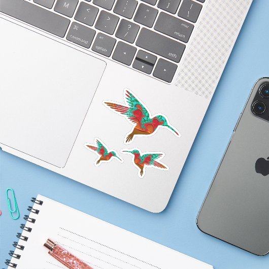 Blauwgroen Oranje en rood Fractal Hummingbird Set Sticker (Laptop met iPhone)