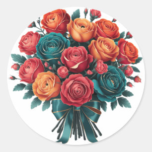 Blauwgroen Oranje rode pioen boeket bruiloft Ronde Sticker