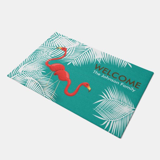 Blauwgroen overlapping met roze vlamingos deurmat (Schuin)