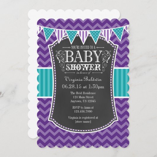 Blauwgroen Paars Chalkboard Chevron Baby shower In Kaart (Voorkant / Achterkant)