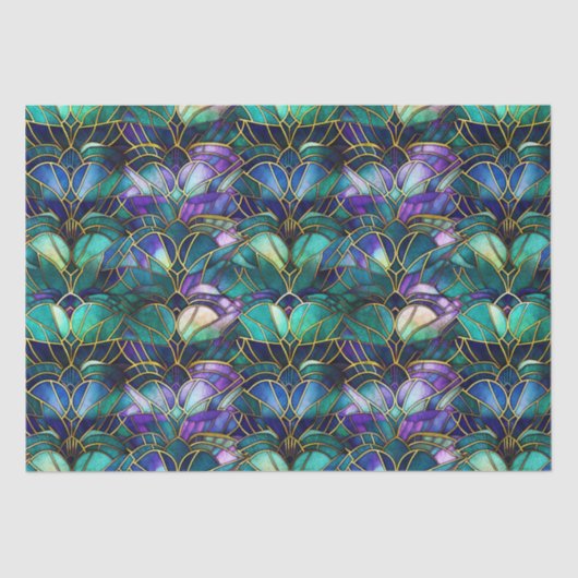 Blauwgroen, Paars en Gold Peacock Glas in lood Tissuepapier (Voorkant)