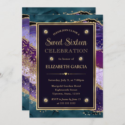 Blauwgroen, Paars en goudglitter Agate Sweet Sixte Kaart (Voorkant / Achterkant)
