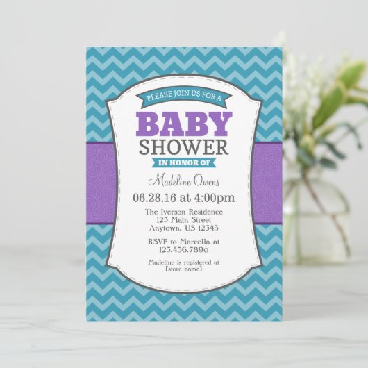 Blauwgroen Paars Gray Chevron Baby shower Uitnodig Kaart (Staand voorkant)