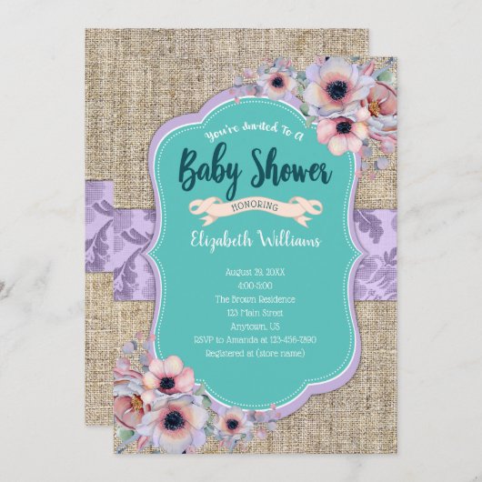 Blauwgroen Paars Waterverf Bloemen Baby shower Kaart (Voorkant / Achterkant)