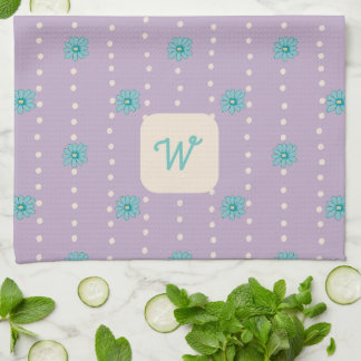 Blauwgroen & Paarse Bloemen Monogram Keuken Theedo Theedoek