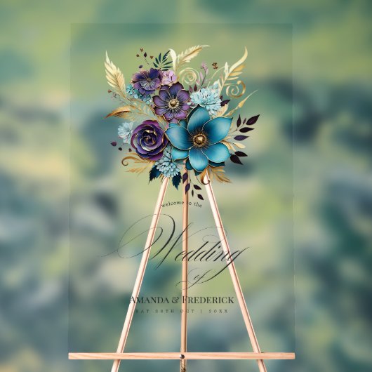 Blauwgroen, Paarse en gouden bloemenbruiloft welko Acryl Bord (Neutraal)