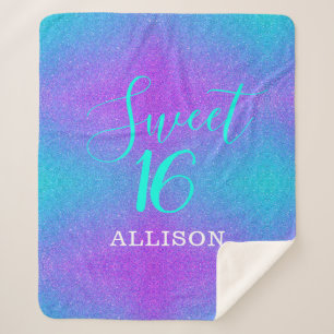 Blauwgroen Paarse Glitter Sweet 16 Meisjes Geperso Sherpa Deken