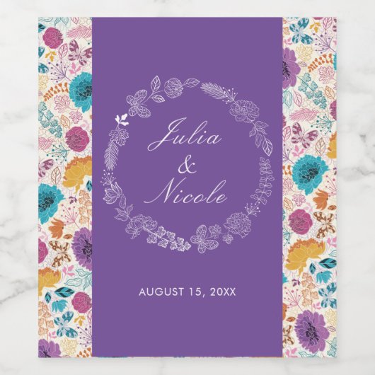 Blauwgroen Paarse lente weide bloemen bruiloft Wijn Etiket (Enkel label)