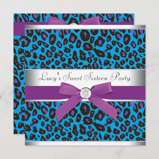 Blauwgroen Paarse Luipaard Sweet 16 Party Kaart (Voorkant / Achterkant)