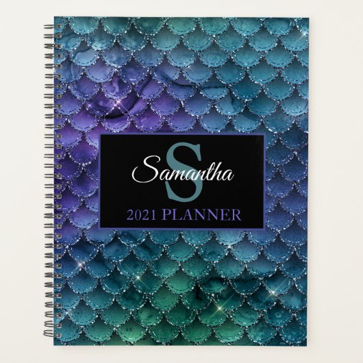 Blauwgroen Paarse Sparkle Zeemeermin Schalen Monog Planner (Voorkant)