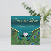 Blauwgroen pacock Sla de datum op Save The Date (Staand voorkant)