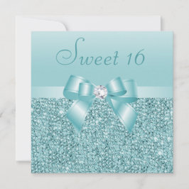Blauwgroen pailletten, Bow & Diamond Sweet 16 Kaart