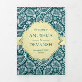 Blauwgroen Paisley Indiase Peacock QR Code Bruilof Drieluik Uitnodiging (Cover)