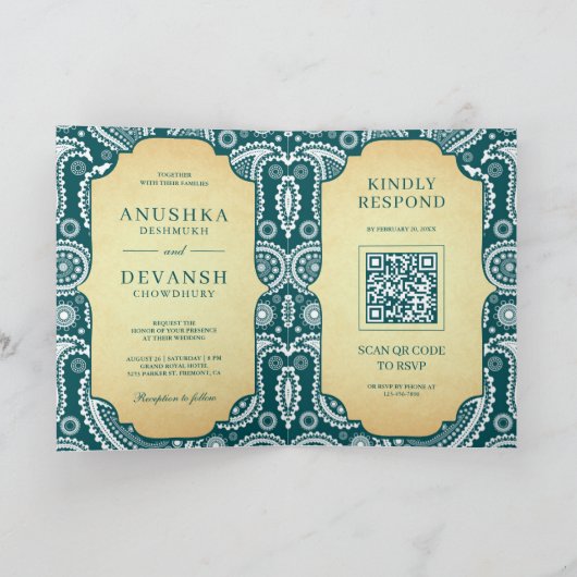 Blauwgroen Paisley Indische QR Code Bruiloft (Binnen)