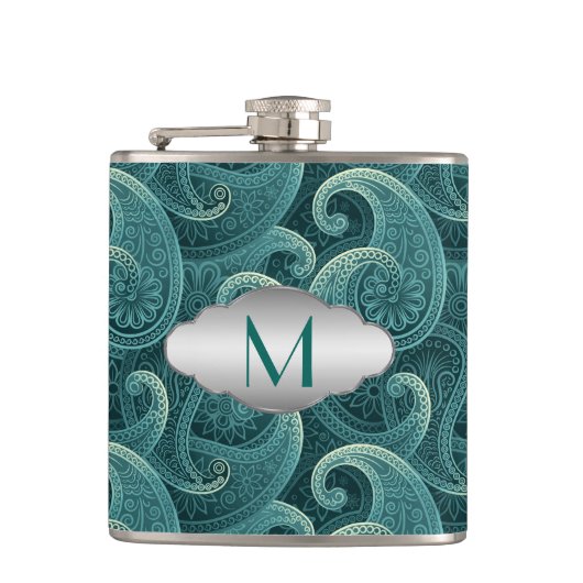 Blauwgroen Paisley Timeless Pattern Monogram Heupfles (Voorkant)