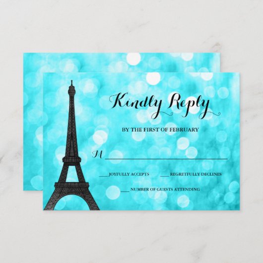 Blauwgroen Paris Bokeh Glitter Lights RSVP Kaartje (Voorkant / Achterkant)