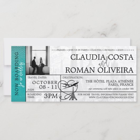 Blauwgroen Paris bruiloft instapkaart uitnodiging (Voorkant)