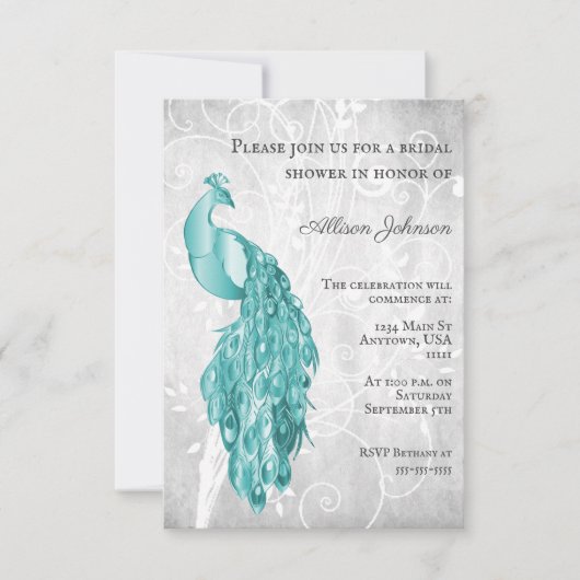 Blauwgroen Peacock Bridal Shower-uitnodiging Kaart (Voorkant)