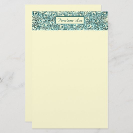  Blauwgroen Peacock Feathers Header en Jouw naam Briefpapier (Voorkant / Achterkant)