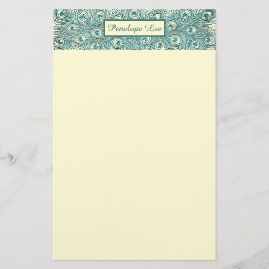  Blauwgroen Peacock Feathers Header en Jouw naam Briefpapier (Voorkant)