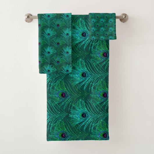 Blauwgroen Peacock Feathers Patroon Bad Handdoek (Insitu)