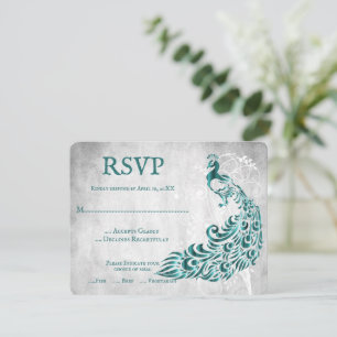Blauwgroen Peacock Leaf Vine Wedding RSVP Kaart