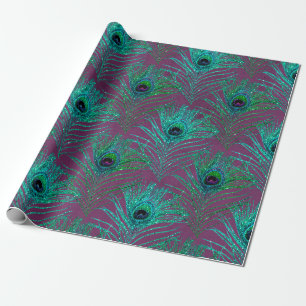 Blauwgroen Peacock-veren op Paars Cadeaupapier
