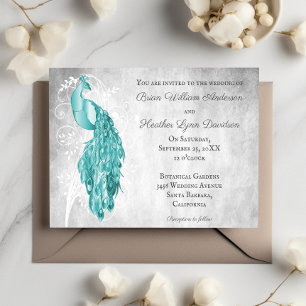 Blauwgroen Peacock White Botanical Wedding Kaart