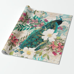 Blauwgroen pekock en roze Floral Cadeaupapier
