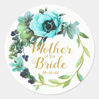 Blauwgroen Peony Wreath Moeder van de Bride ID456 Ronde Sticker
