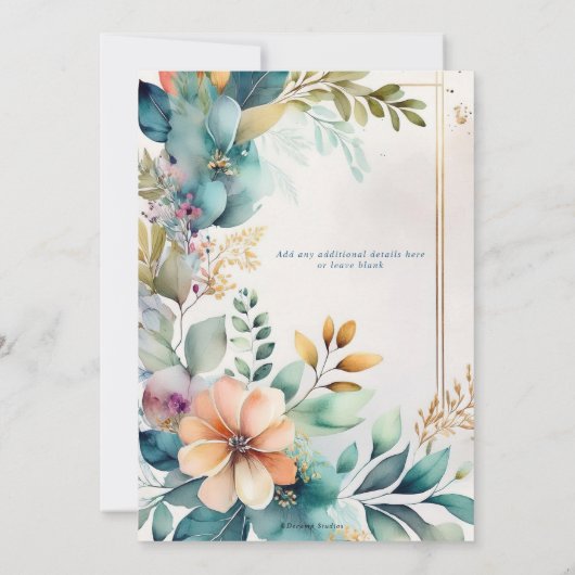 Blauwgroen Perzik Bloemen Greenery Goud bruiloft u Kaart (Achterkant)