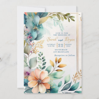 Blauwgroen Perzik Bloemen Greenery Goud bruiloft u Kaart