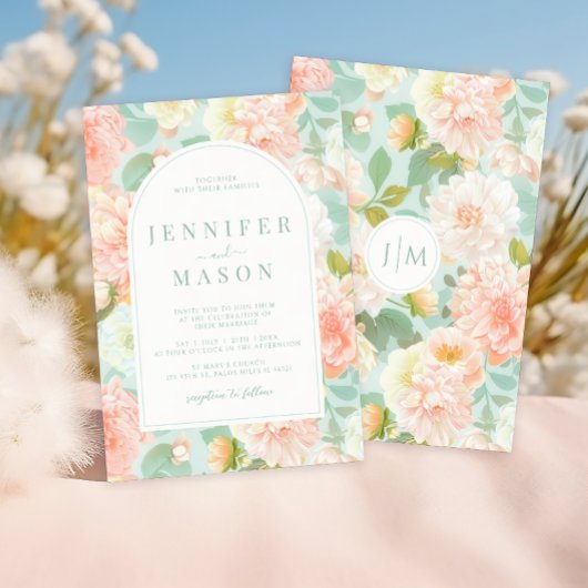 Blauwgroen perzik roze bloemen klassieke bruiloft kaart