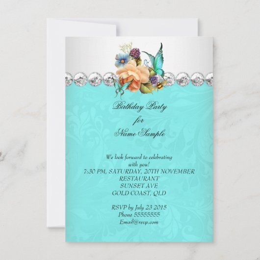 Blauwgroen Perzische Rozen Boterfly Birthday Kaart (Achterkant)