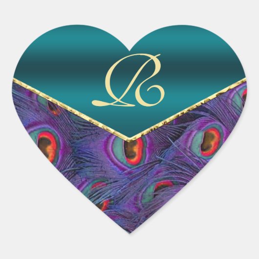 Blauwgroen Plum Peacock Monogram Envelop Afdichtin Hart Sticker (Voorkant)