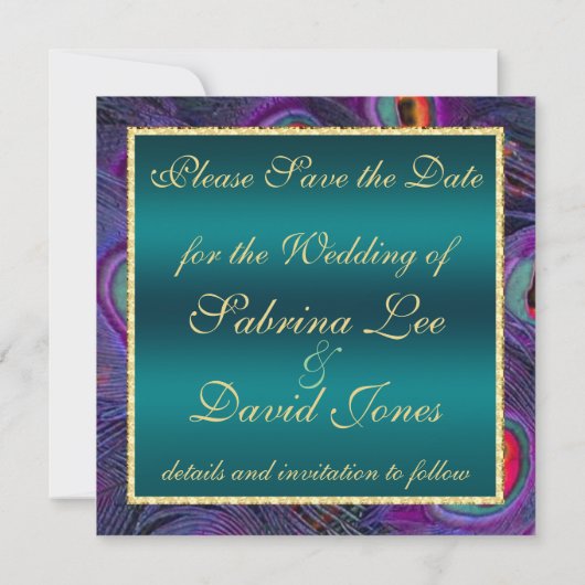Blauwgroen Plum Peacock sparen de Datum Save The Date (Achterkant)