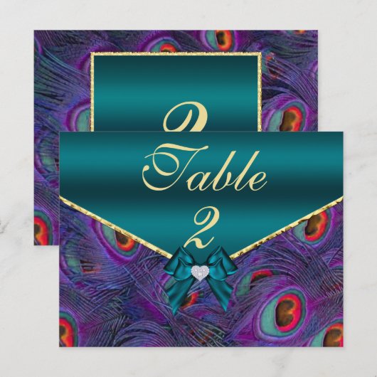 Blauwgroen Plum Peacock Table Number Kaart (Voorkant / Achterkant)