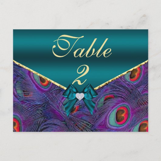 Blauwgroen Plum Peacock Table Number Kaart (Voorkant)