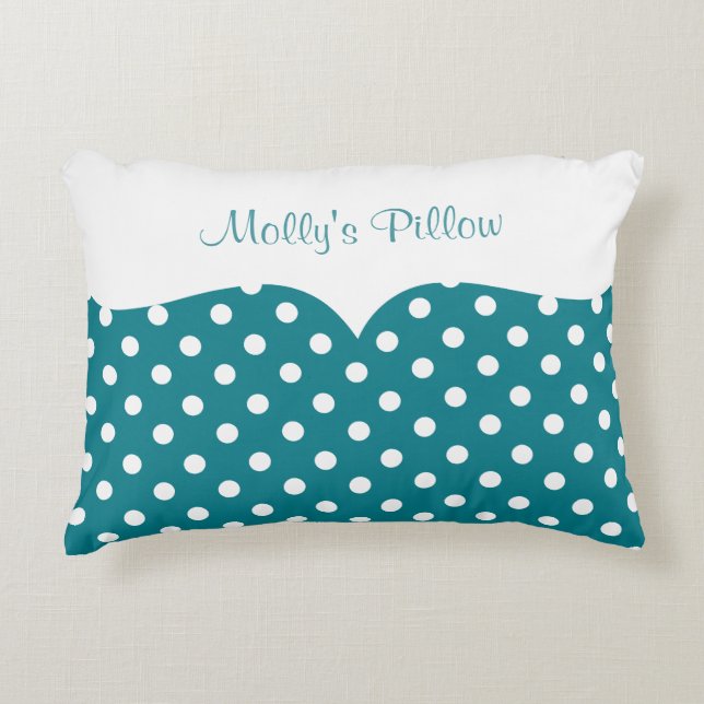 Blauwgroen Polka Dot Monogram Decoratief Kussen (Voorkant)