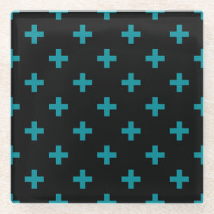 Blauwgroen polka kruist zwart glazen onderzetter