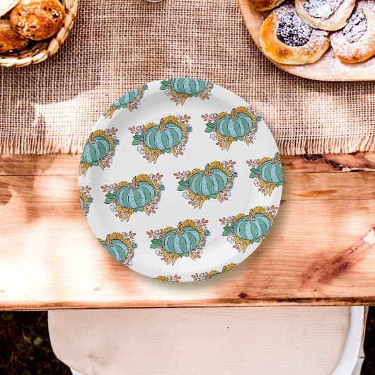 Blauwgroen pompoen Herfst bloemenpatroon Papieren Bordje