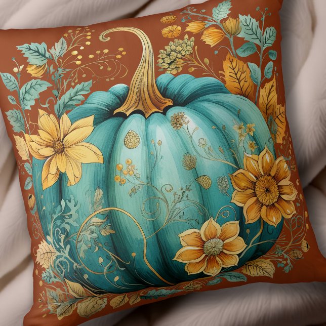 Blauwgroen pompoen herfst Boho Herfst Caramel Kussen (Teal Pumpkin Autumn Boho Fall Caramel Throw Pillow)